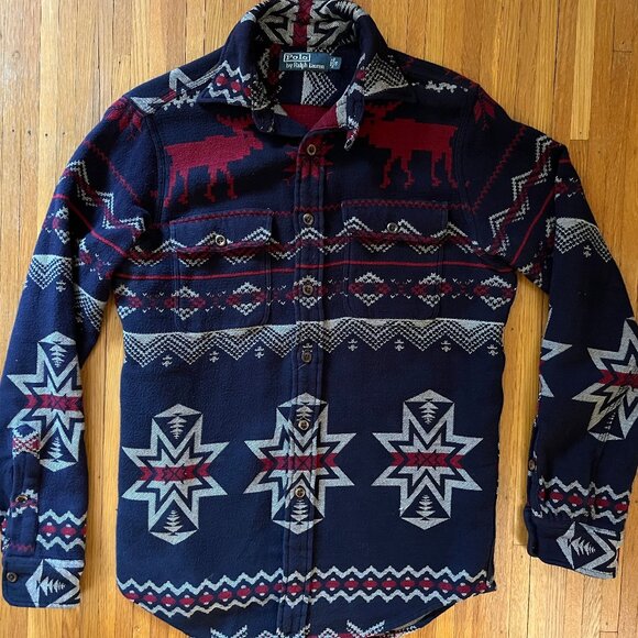 Vintage Men's Polo by Ralph Lauren Aztec Flannel Shirt Sz Small Reindeer Holiday - Picture 1 of 5